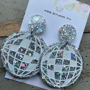 Handmade disco ball resin glitter earrings, on circle studs. Unique, festive, party, gift idea