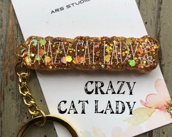 Handmade Crazy cat lady resin glitter keyring, golden. Unique, pet lover, gift