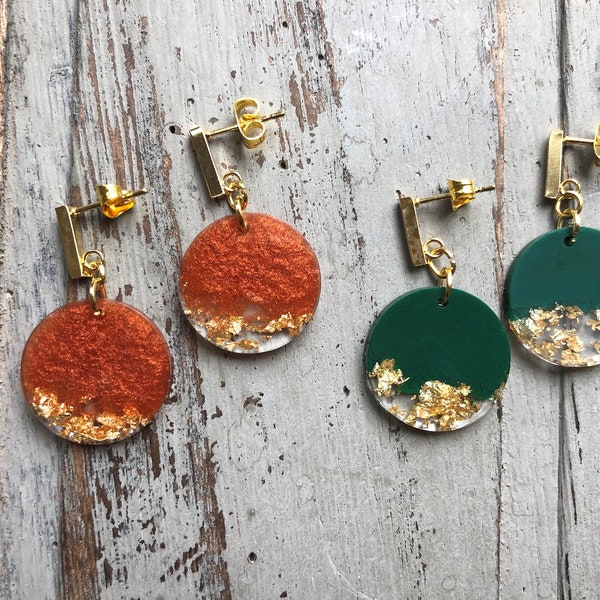 Handmade dark green & gold or orange circle dangle resin earrings with gold flakes, on hypoallergenic rectangle studs, Bespoke jewellery
