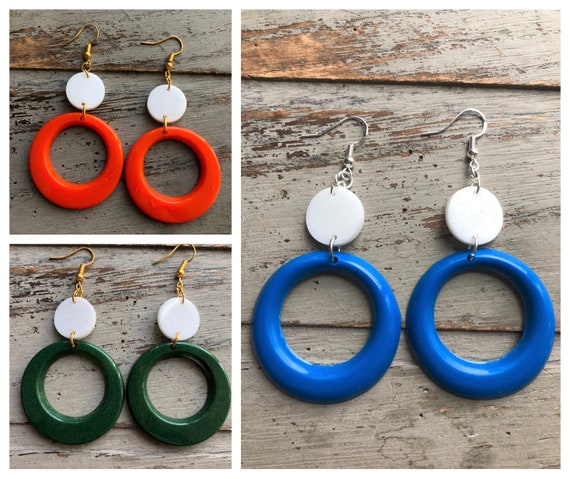 Handmade Geometric Resin Earrings Orange Blue or Green and White