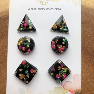 Handmade geometric black stud earrings with multicolour glass pieces. Bespoke, unique, quirky jewellery, gift for her