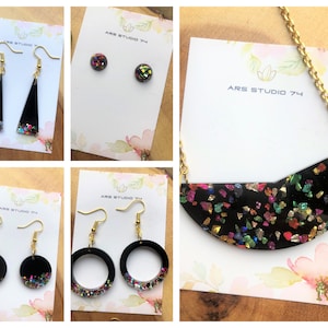 Handmade black & multicolour glitter resin earrings and matching necklace. Quirky, festive, party jewellery