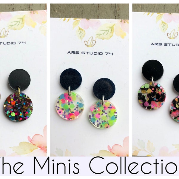 Handmade resin and glitter dangle circle earrings on studs.3 styles. Modern, quirky jewellery, gift idea