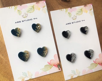 Handmade resin stud earrings with glitter, navy and golden, black and silver. Bespoke gift for her