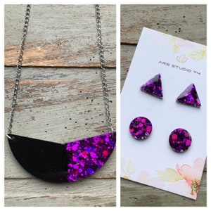 Handmade black and purple semi circle resin necklace with glitter, with matching stud earrings, circles or triangles.Quirky jewellery gift.