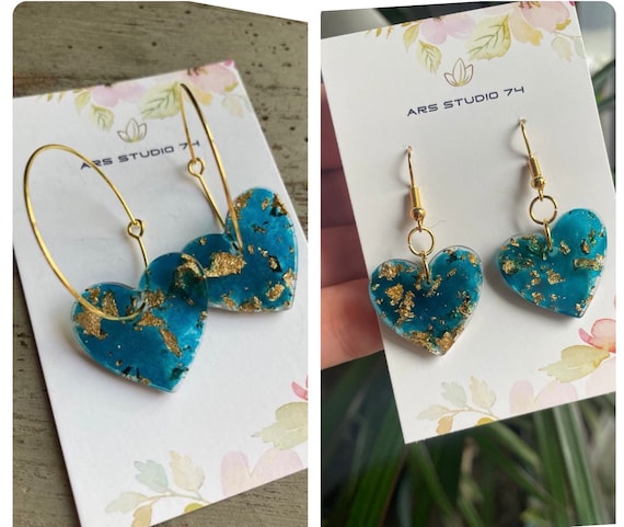 Handmade Teal Resin Heart Earrings, Gold Flakes, Gold Plated Hoops