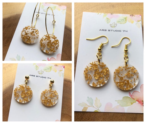 Handmade Disk Dangle Resin Earrings With Encased Gold Leaf.on Ear Hooks Studs or Hoops. Bespoke Unique Gift for Her Etsy