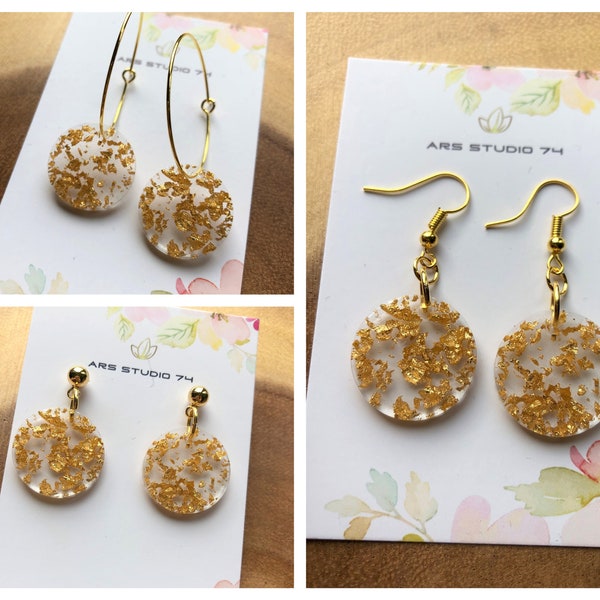 Handmade disk dangle resin earrings with encased gold leaf.On ear hooks, studs or hoops. Bespoke, unique, gift for her