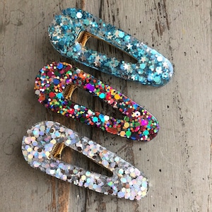 Handmade glitter resin hair clips, 3 styles, round oval. Unique, hair barrette, festival, accessories. image 1