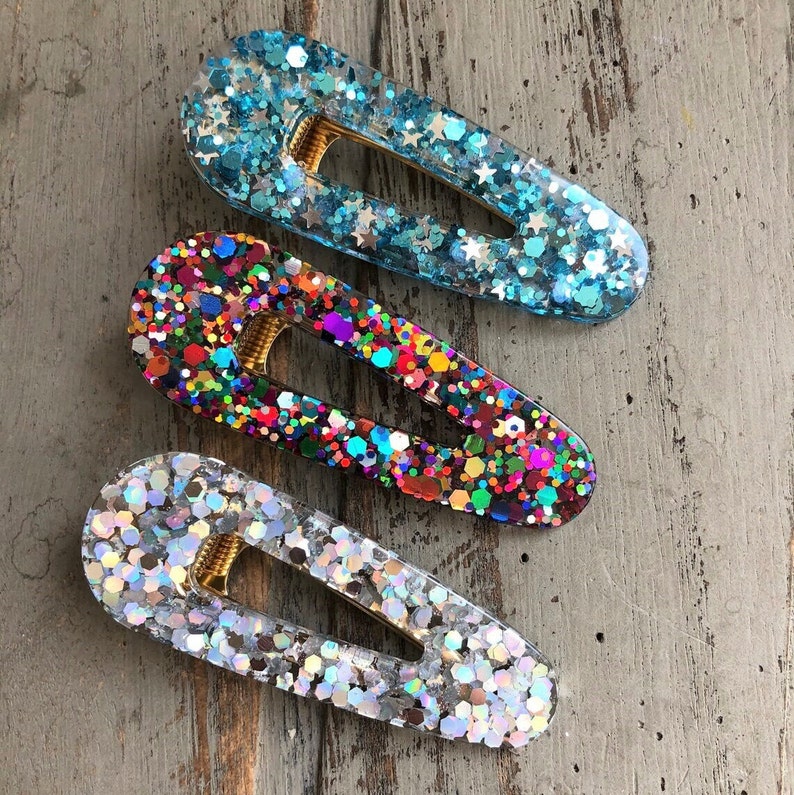 Handmade glitter resin hair clips, 3 styles, round oval. Unique, hair barrette, festival, accessories. image 1