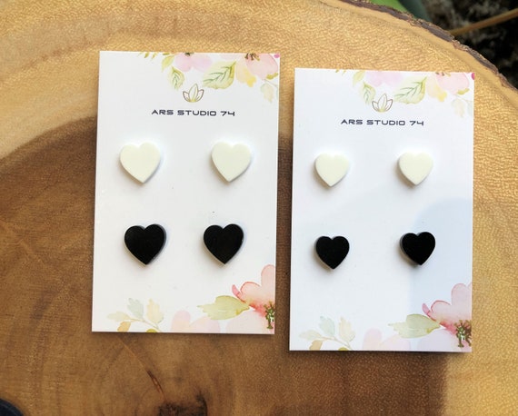 Heart Studs with Resin - Black and White Heart Studs with Resin - Black and White