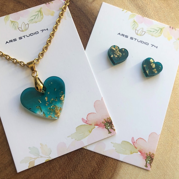 Handmade teal and gold flakes set, heart necklace and stud earrings. Bespoke gift for her