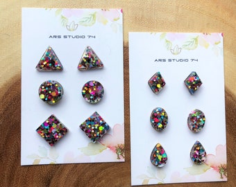 Handmade geometric resin stud earrings with glitter, 6 shapes. Quirky, festive, party jewellery