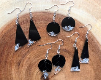 Handmade black and silver flakes dangle earrings. Choose triangles, leaves, circles. Bespoke gift for her