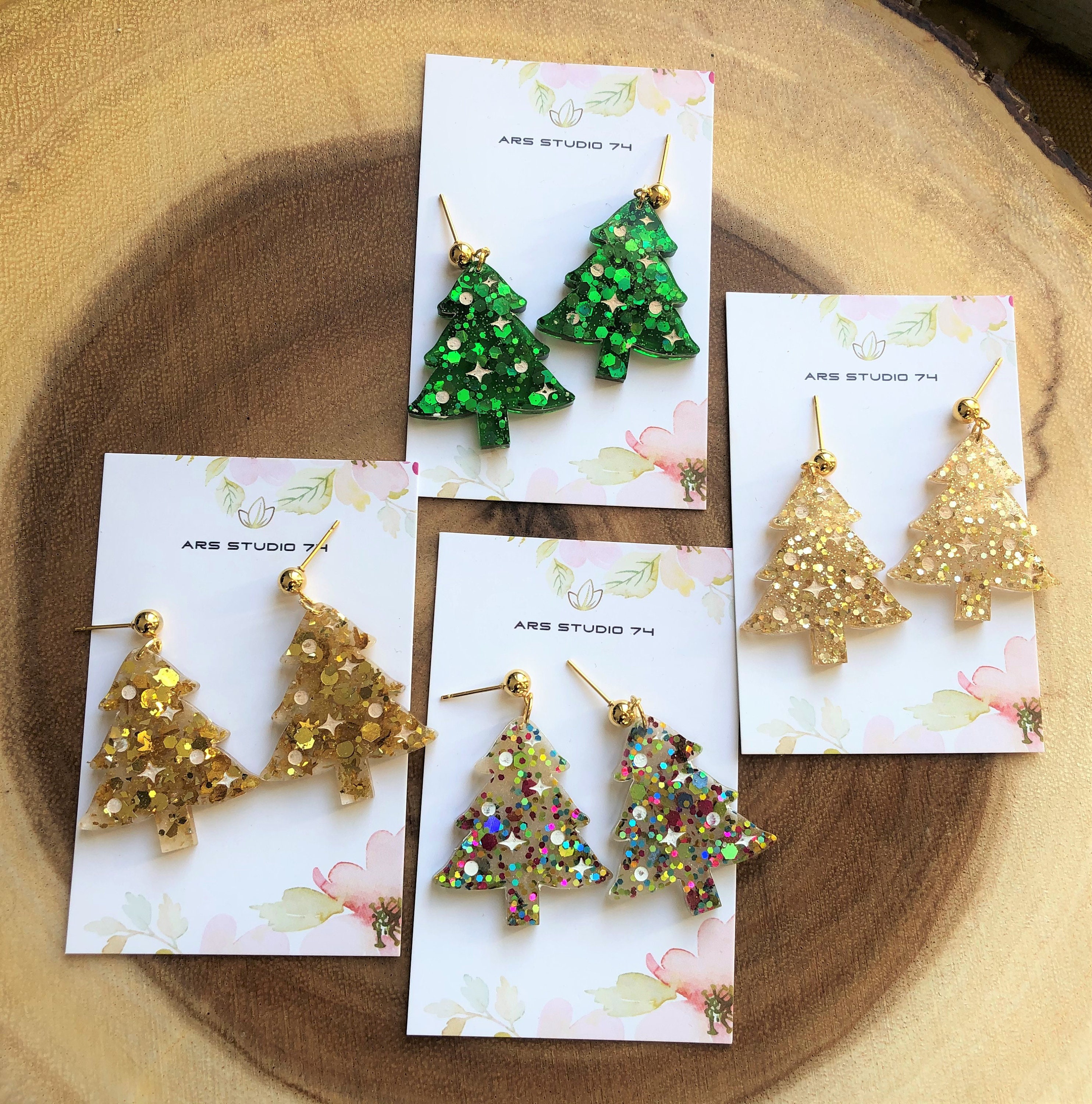 Handmade Dangle Resin Christmas Tree Glitter Earrings Green | Etsy