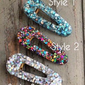 Handmade glitter resin hair clips, 3 styles, round oval. Unique, hair barrette, festival, accessories. image 2