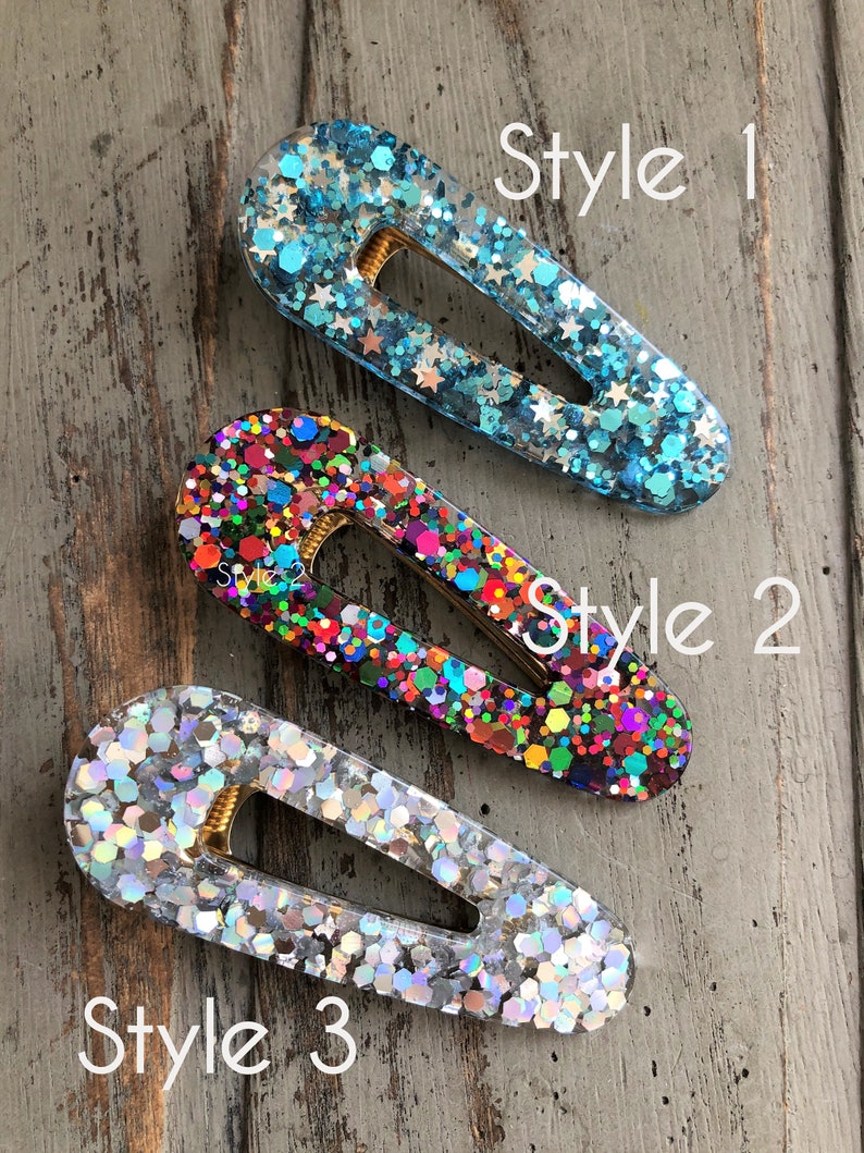 Handmade glitter resin hair clips, 3 styles, round oval. Unique, hair barrette, festival, accessories. image 2