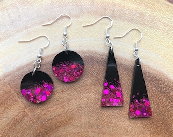 Handmade black & fuchsia glitter dangle resin earrings, circles or triangles. Quirky, festive, party jewellery