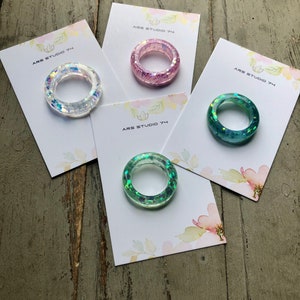 Handmade Resin Ring, Mermaid Glitter Effect. 4 Colours, Green, Pink, Clear. Choose Your Size. Unique Jewellery
