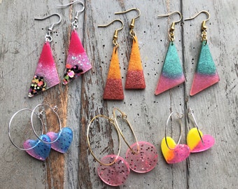 Handmade limited edition dangle resin earrings, colourful jewellery.. Quirky, unique, spring, summer, holiday gift