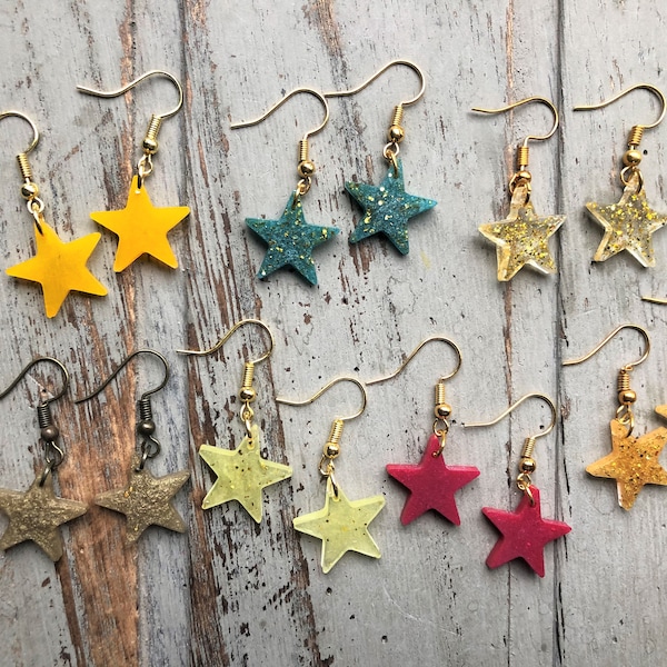 Handmade star dangle earrings, on gold plated ear hooks. Yellow, blue, orange, bronze, red,. Cute, dainty jewellery, birthday gift