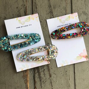 Handmade glitter resin hair clips, 3 styles, round oval. Unique, hair barrette, festival, accessories. image 3