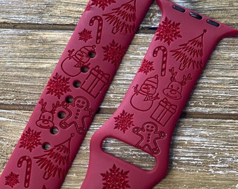 Christmas Holiday Design Silicone Band Laser Engraved, Apple Watch Compatible 38/40/41mm, 42/44/45mm, Series 1,2,3,4,5,6,7,8