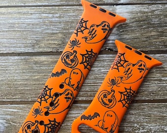 Halloween Watch band for Apple Watch Fall Band Bats Ghosts Pumpkins, Engraved silicone 38mm 40mm 41mm 42mm 44mm 45mm costume accessories