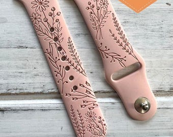 Engraved Wildflower Silicone Apple Watch Band: Floral Design