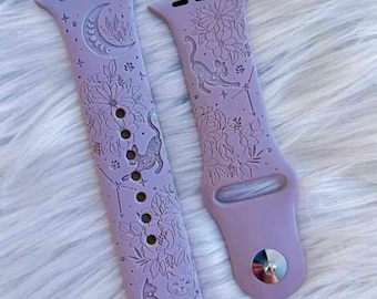 Celestial moon silicone band laser engraved, apple watch compatible 38/40/41mm, 42/44/45mm, series 1,2,3,4,5,6,7,8,9,se,se2 gift