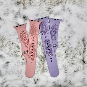 Virgin Mary & Cross Apple Watch Band | Religious Silicone Strap for iWatch | Fits 38mm-45mm | Laser Engraved Christian Christmas Gift