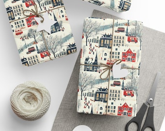Vintage 1950's Christmas Toile Wrapping Paper, Holiday Gift Wrap, Festive Xmas Packaging Decoration, Winter Theme Stationery, Traditional