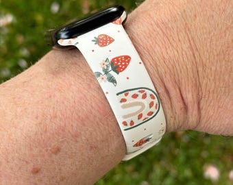 Strawberry Floral Watch Band: Silicone Apple, Samsung, Fitbit Strap