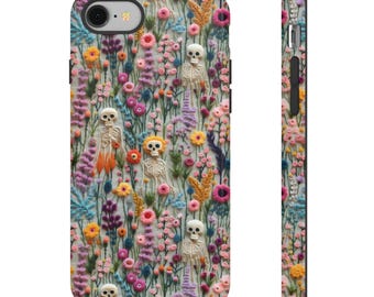 Halloween Vintage Skeletons in Bloom Phone Case iPhone | Pixel | Samsung | Embroidered Floral Charm Phone Cover | Halloween Cottagecore