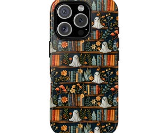 Boho Halloween Ghost Bookshelf Tough Phone Case iphone 16 15 14 Samsung S25 S24 S23 Pixel 9 8 7