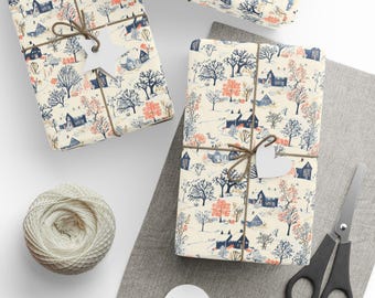Vintage Christmas Toile Wrapping Paper | Retro Holiday Gift Wrap | Festive Xmas Packaging & Winter Decor