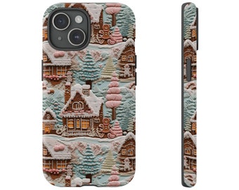 May include: A phone case with a gingerbread house pattern. The case features a winter scene with gingerbread houses, trees, and snowmen. The case is designed for an iPhone.
