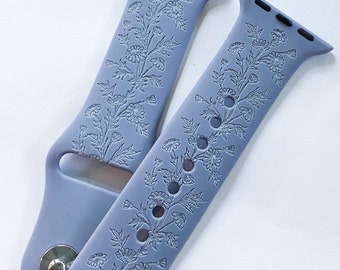 Personalized   Apple Watch band – Hand-drawn Wild Flowers Band,  Engraved sport silicone 38mm 40mm 41mm 42mm 44mm 45mmS/M M/L All Series