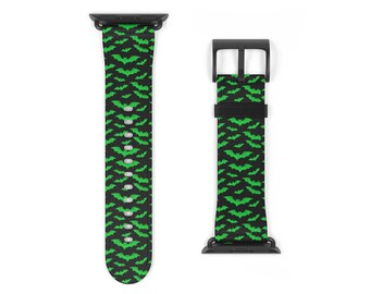 May include: Black and green watch band featuring a repeating pattern of green bats. The watch band has a black buckle and connectors. The design is suitable for Halloween or a spooky aesthetic.