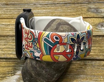 Retro 70s Peace Love Apple Watch Band: Silicone iWatch Strap 38/40/41/42/44/45/49mm Gift