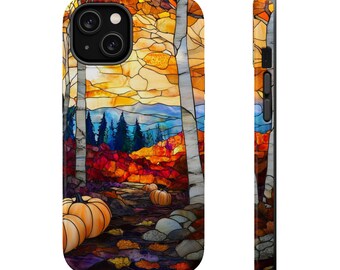 May include: A phone case featuring a stained-glass style autumn scene. The design includes birch trees, pumpkins, and a colorful landscape with orange, yellow, and blue hues. The case is shown from the front and side, showcasing the detailed artwork.