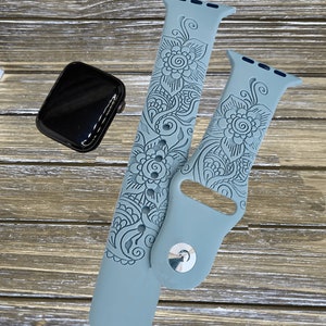 Floral Engraved Apple Watch band Compatible With   Watch,  Engraved sport silicone 38mm 40mm 41mm 42mm 44mm 45mmS/M M/L Mothers day