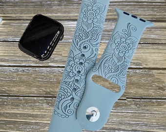 Apple Watch band – Paisley Flowers  Watch Band, Zendoddle Engraved sport silicone 38mm 40mm 41mm 42mm 44mm 45mmS/M M/L gifts for her