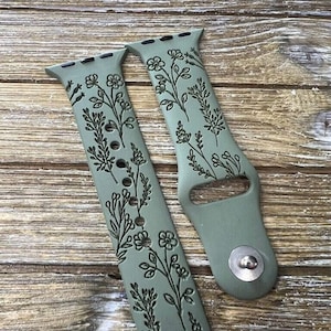 Wildflower silicone band laser engraved, apple watch compatible 38/40/41mm, 42/44/45mm, series 1,2,3,4,5,6,7,8 gift
