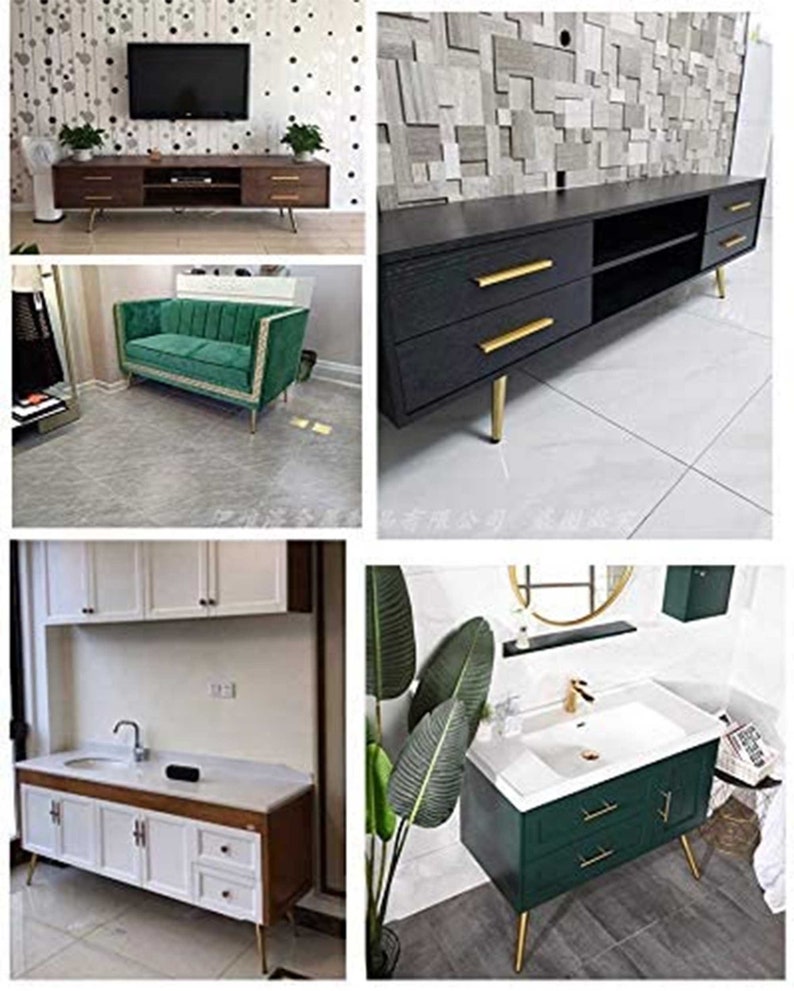 Puede incluir: Cuatro muebles diferentes con patas de metal dorado. La primera pieza es un mueble de TV negro con tres cajones y un estante. La segunda pieza es un mueble de TV negro con tres cajones y un estante. La tercera pieza es un armario blanco con tres cajones y un estante. La cuarta pieza es un tocador de ba&ntilde;o verde con dos cajones y un estante.