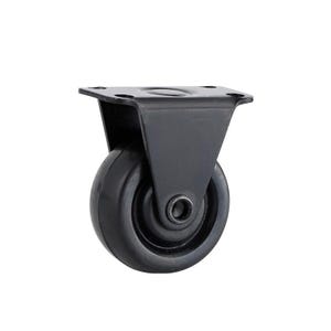 以下が含まれることがあります： 黒いゴム製の車輪が付いた黒い旋回キャスター。キャスターには、4つの取り付け穴のある金属プレートが付いています。
