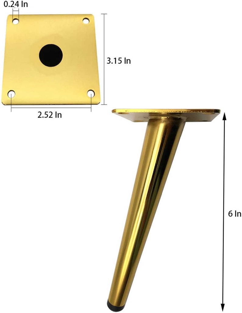 Puede incluir: Patas de muebles de metal dorado con una placa de montaje cuadrada. Las patas miden 15,24 cm de alto y la placa de montaje mide 6,4 cm de ancho y 7,99 cm de largo.
