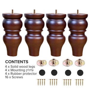 Set of 4 Espresso Wood Furniture Legs: 6-inch Turned Sofa Feet