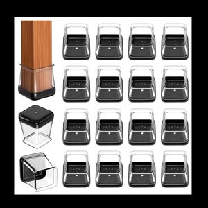 May include: Set of 18 clear plastic furniture leg protectors with black bases. The protectors are designed to prevent scratches and damage to floors.