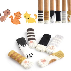 May include: Set of 8 chair leg socks with a cute cat paw design. The socks are made of soft, knitted fabric and come in a variety of colors, including black, white, gray, and brown. The socks are designed to protect your floors from scratches and scuffs.